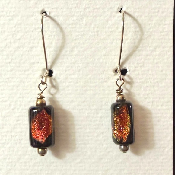 Stephanie Aune Jewelry - Dichroic Glass Bead Drop‎ Earrings Iridescent blk copper Cylinder Stephanie Aune